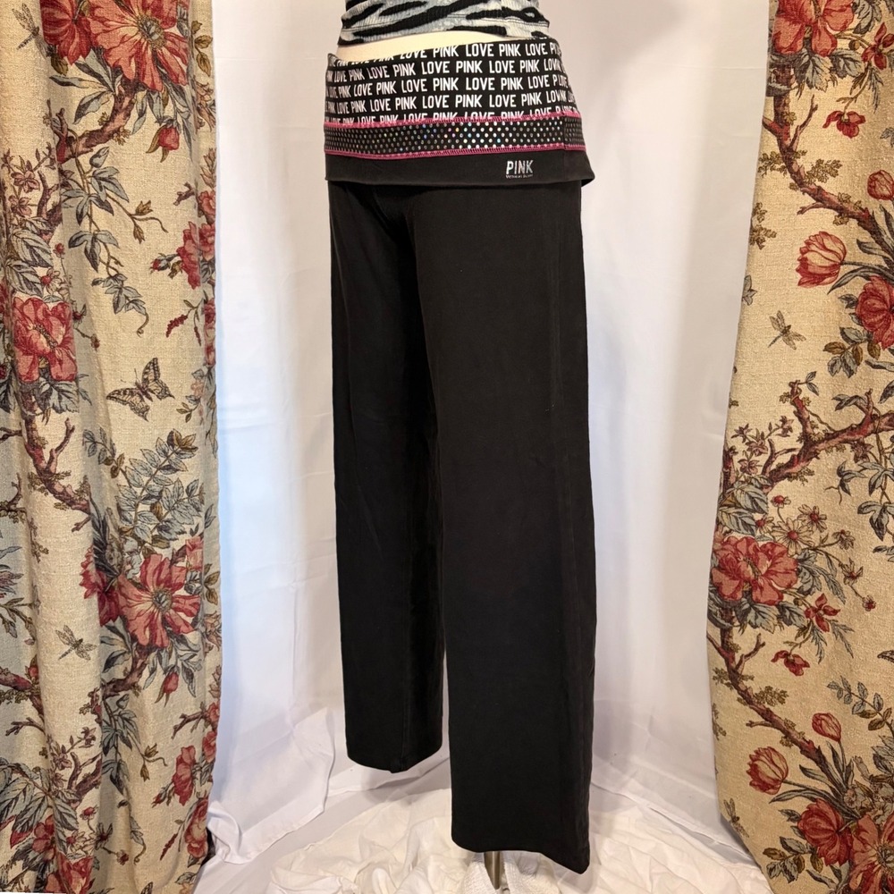 Victoria's Secret PINK Foldover Yoga Pants Polka Dot and logo pattern Wide Leg - Picture 2 of 12
